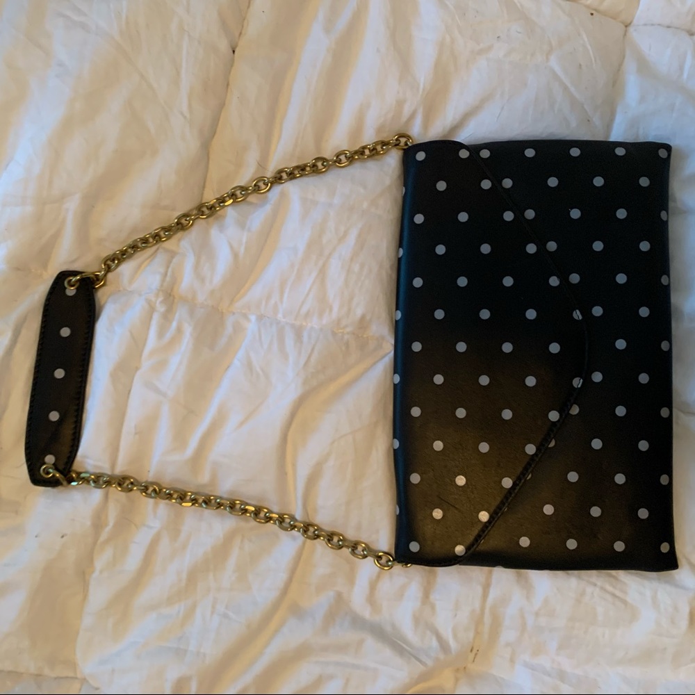 J Crew polka dot leather clutch with gold chain